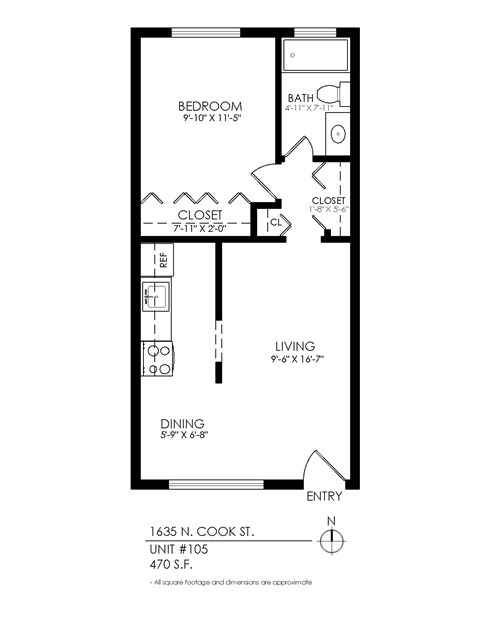 Floor plan for 1 bed, 1 bath, 480 sqft